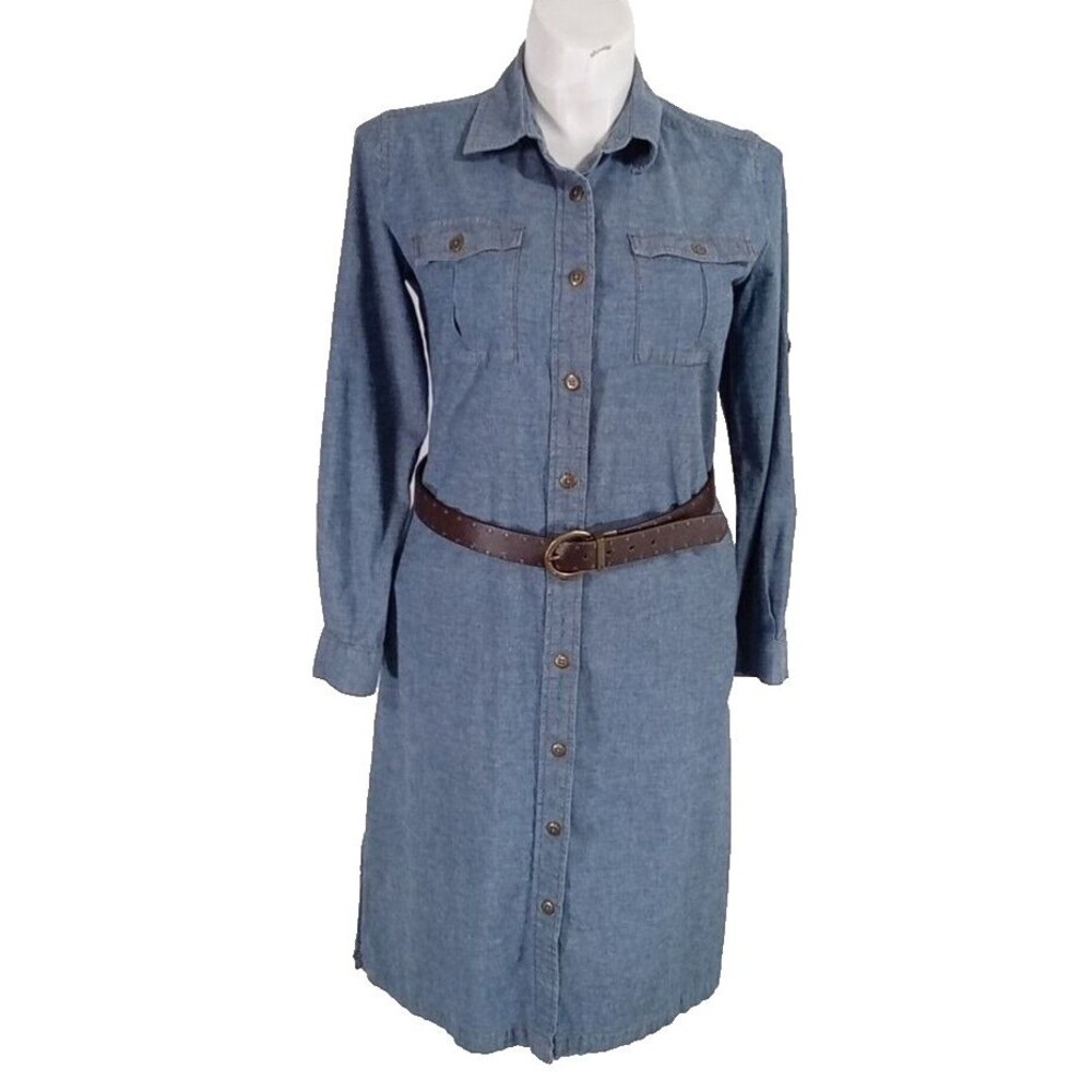 TravelSmith Dress Size 14 Blue Denim Look Brown Stitching Full Button Front Belt